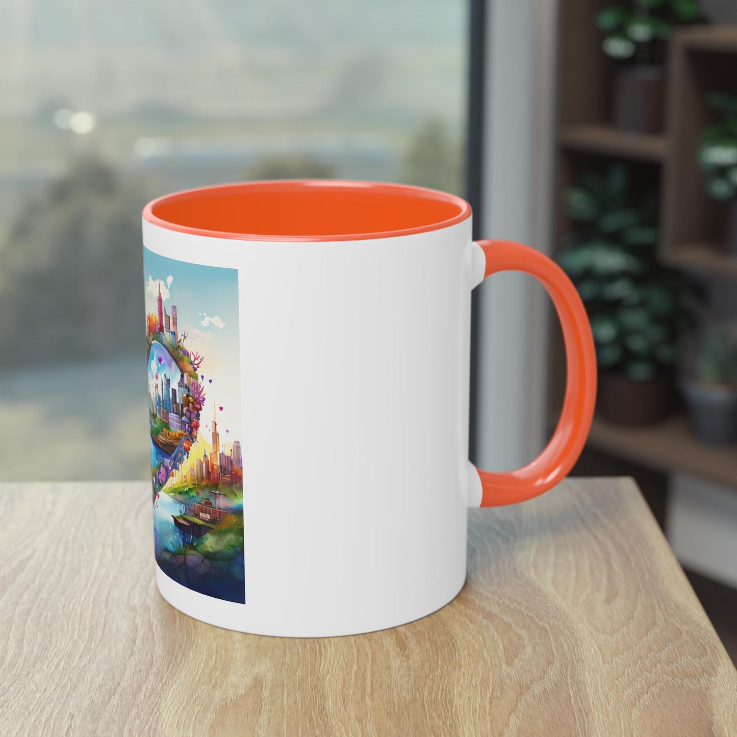Heart-Shaped Cityscape Two-Tone Coffee Mug, 11oz | Perfect Gift for Couples, Valentine's Day, Home Decor, Art Lovers, Coffee Enthusiasts