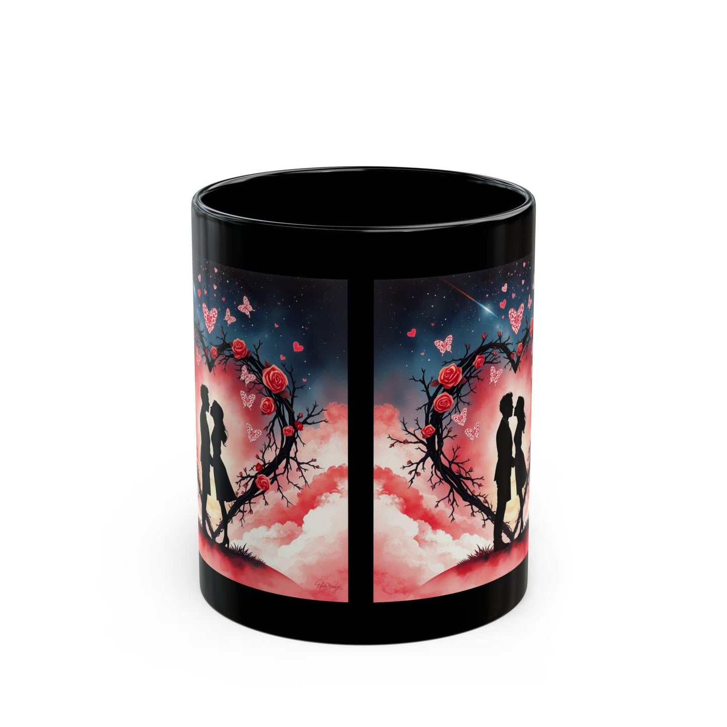 Silhouette Couple Heart Wreath Mug | Romantic Rose Night Sky