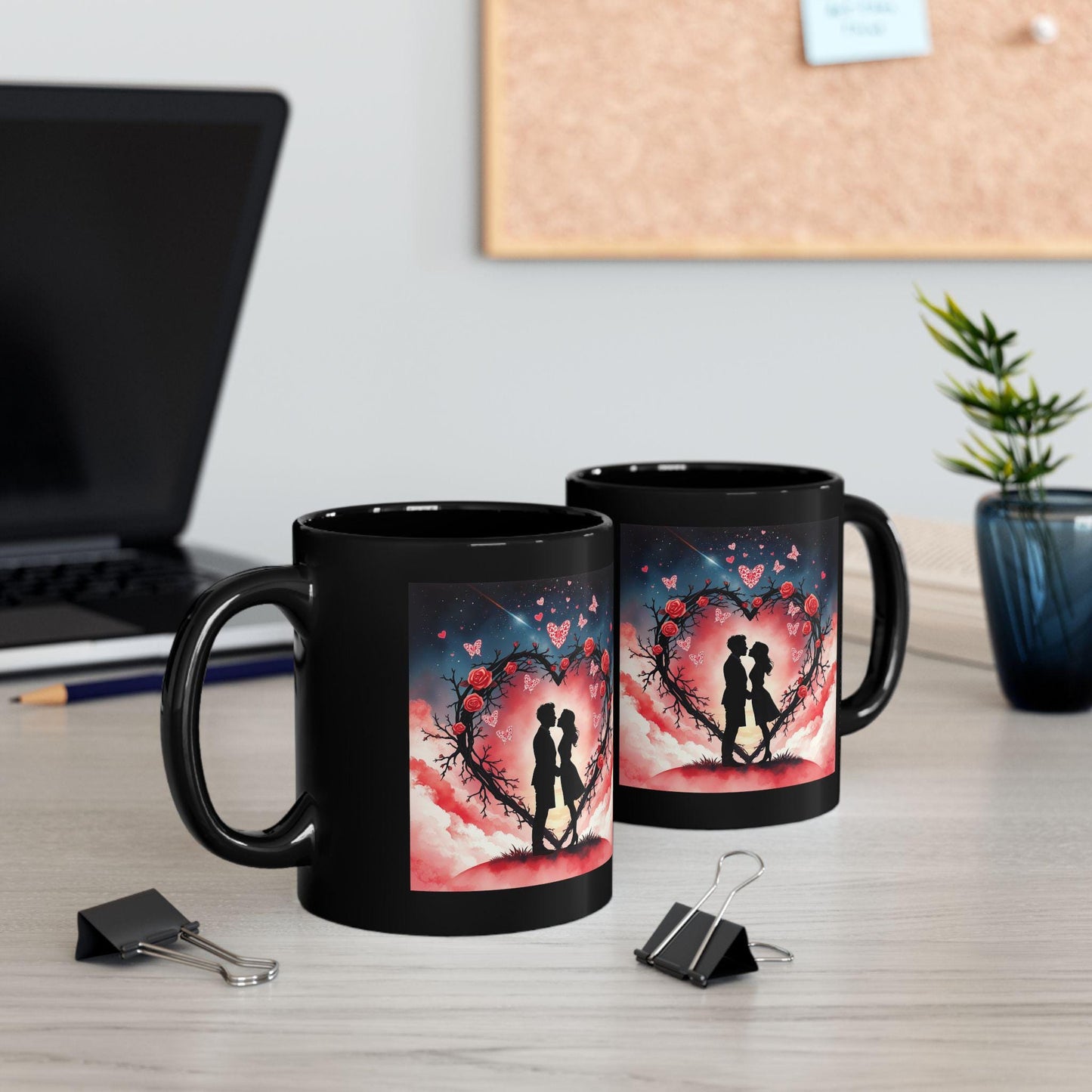 Silhouette Couple Heart Wreath Mug | Romantic Rose Night Sky