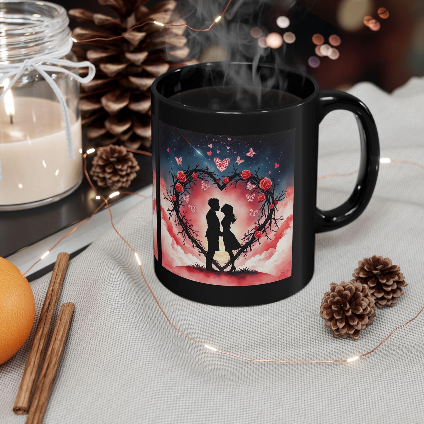 Silhouette Couple Heart Wreath Mug | Romantic Rose Night Sky