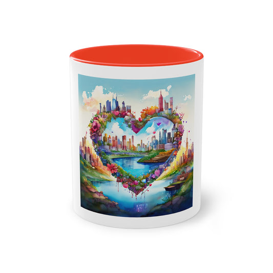 Heart-Shaped Cityscape Two-Tone Coffee Mug, 11oz | Perfect Gift for Couples, Valentine's Day, Home Decor, Art Lovers, Coffee Enthusiasts