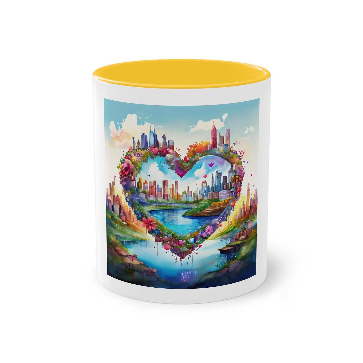 Heart-Shaped Cityscape Two-Tone Coffee Mug, 11oz | Perfect Gift for Couples, Valentine's Day, Home Decor, Art Lovers, Coffee Enthusiasts