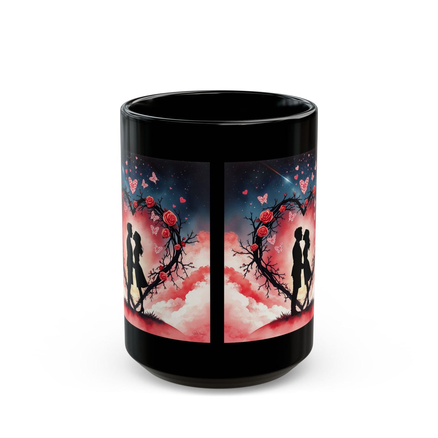 Silhouette Couple Heart Wreath Mug | Romantic Rose Night Sky