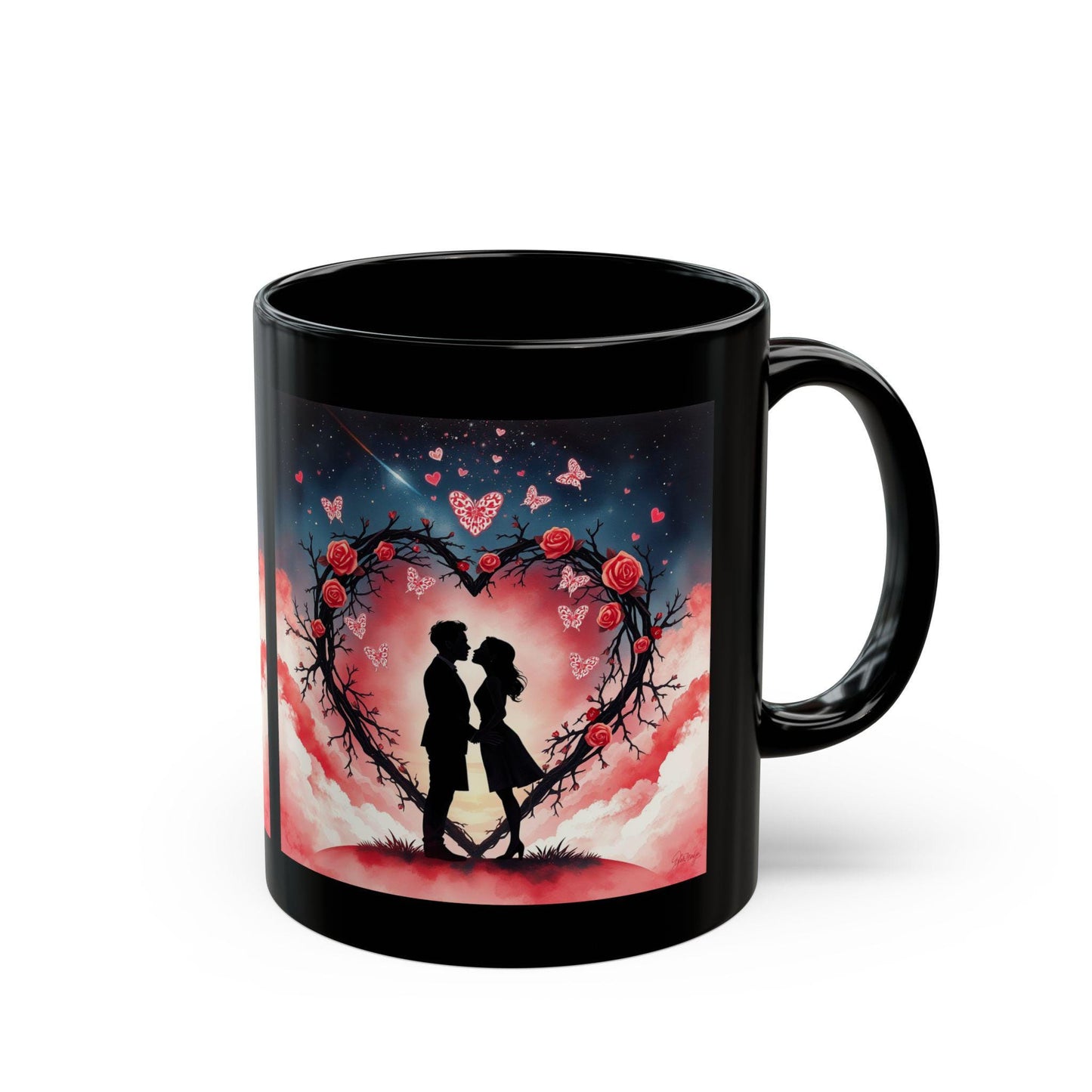 Silhouette Couple Heart Wreath Mug | Romantic Rose Night Sky