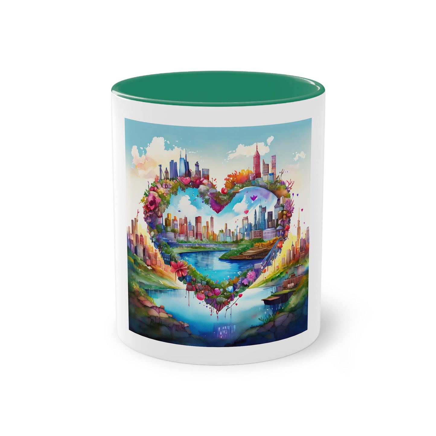 Heart-Shaped Cityscape Two-Tone Coffee Mug, 11oz | Perfect Gift for Couples, Valentine's Day, Home Decor, Art Lovers, Coffee Enthusiasts