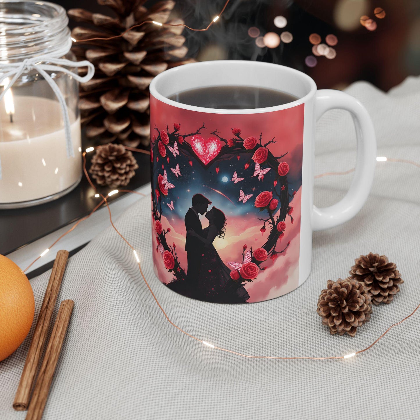 Moonlit Skull with Roses Mug | Gothic Floral Ceramic Coffee Cup