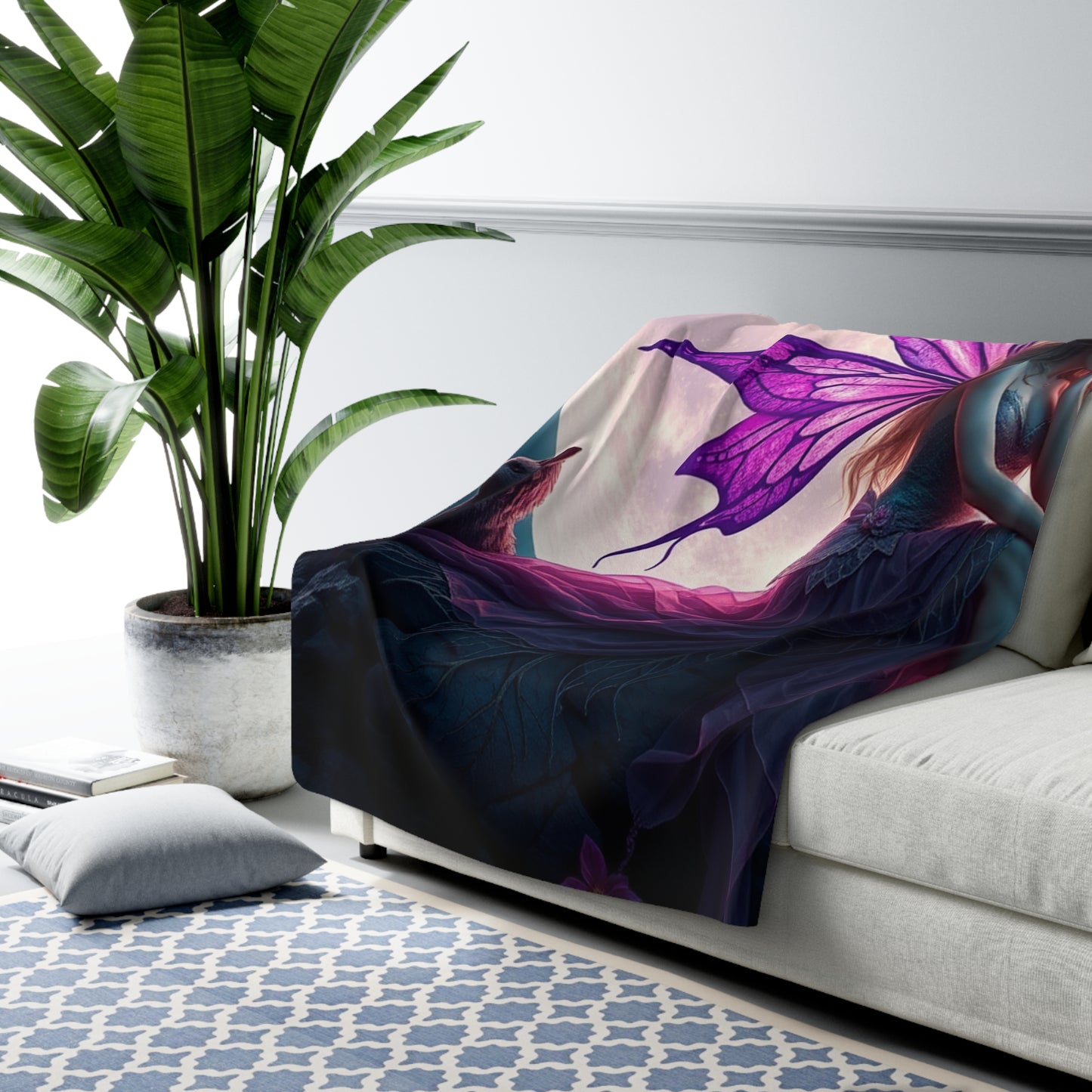 Enchanted Fairy Sherpa Fleece Blanket, Cozy Throw Blanket, Moonlight Decor, Fantasy Home Accessory, Gift for Fairy Lovers