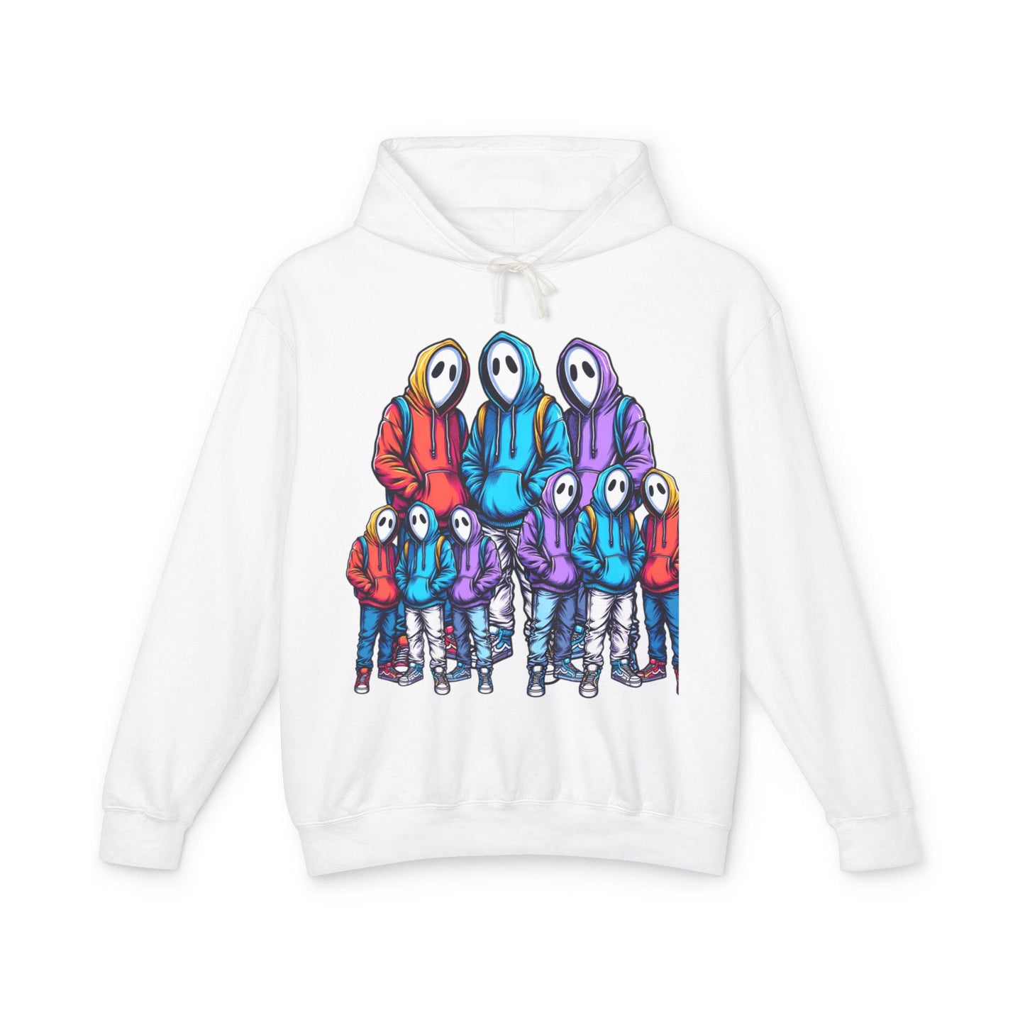 Three Figures in Bright Clothing Honey Hoodie Sweatshirt | Colorful Trio Design