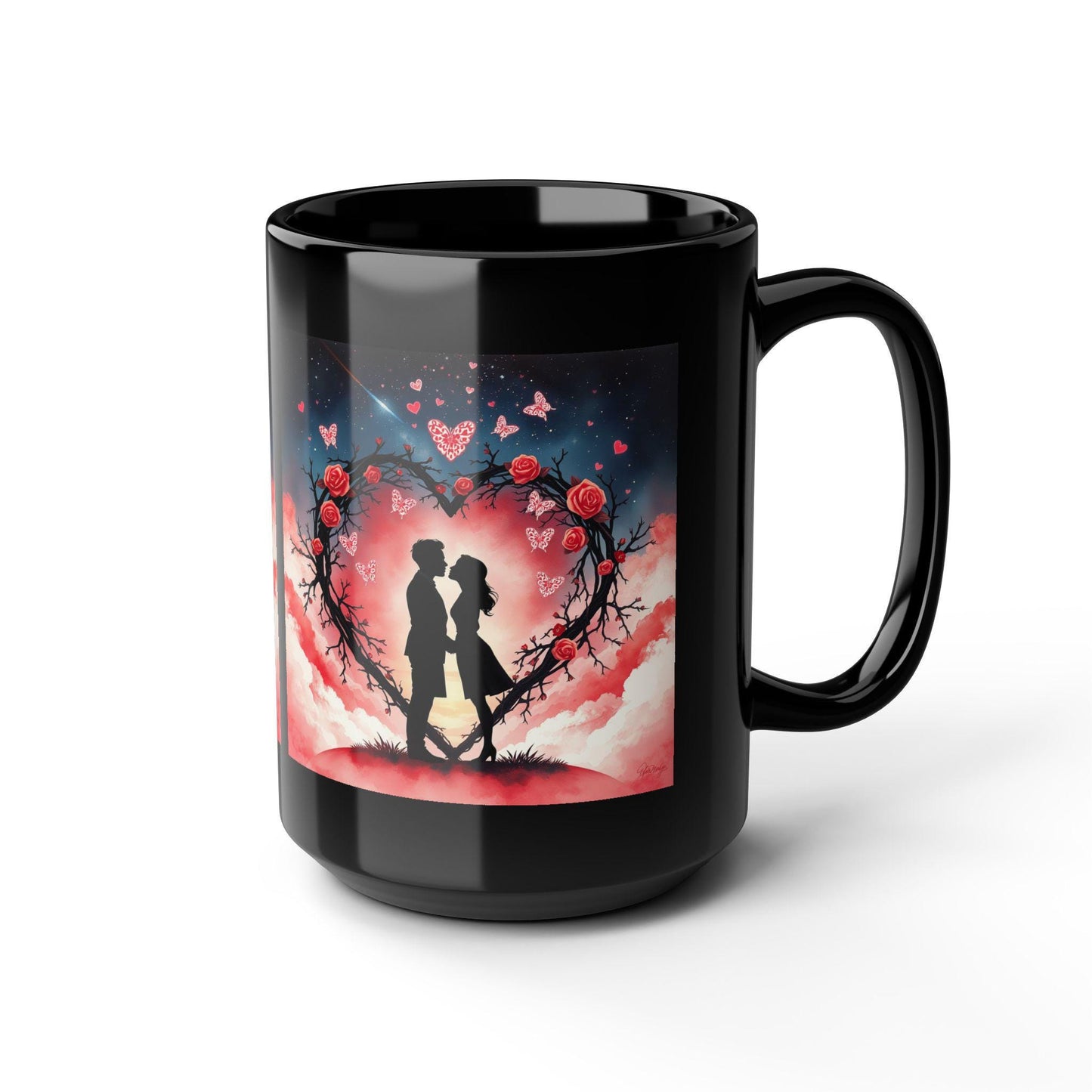 Silhouette Couple Heart Wreath Mug | Romantic Rose Night Sky
