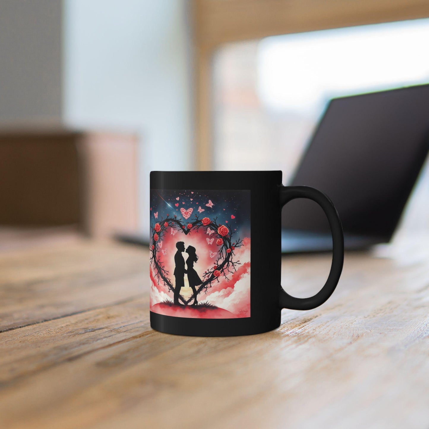 Silhouette Couple Heart Wreath Mug | Romantic Rose Night Sky