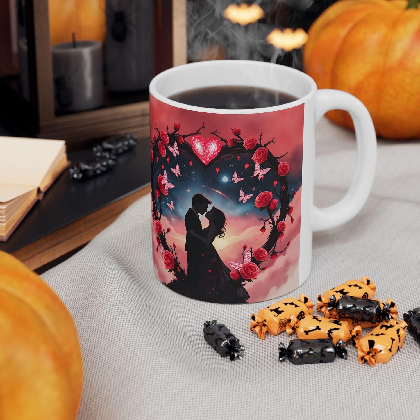 Moonlit Skull with Roses Mug | Gothic Floral Ceramic Coffee Cup