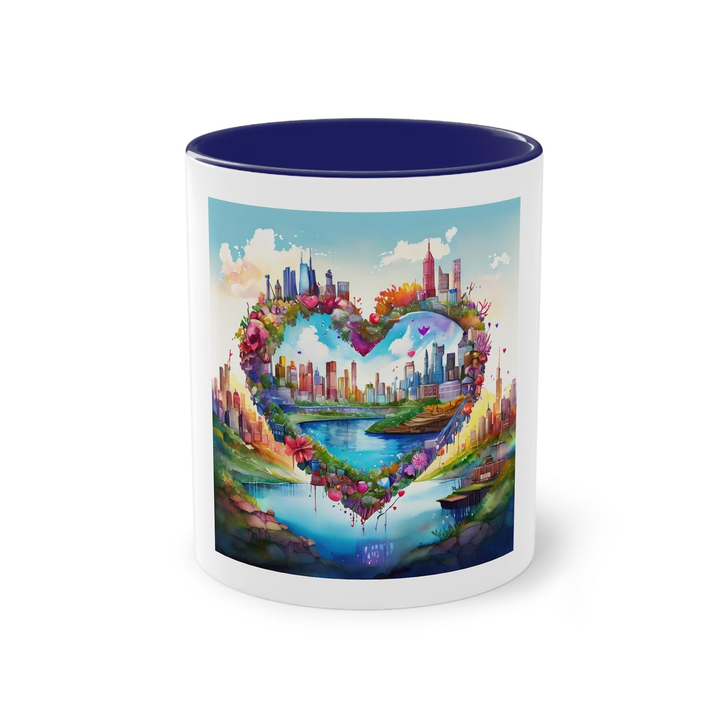 Heart-Shaped Cityscape Two-Tone Coffee Mug, 11oz | Perfect Gift for Couples, Valentine's Day, Home Decor, Art Lovers, Coffee Enthusiasts