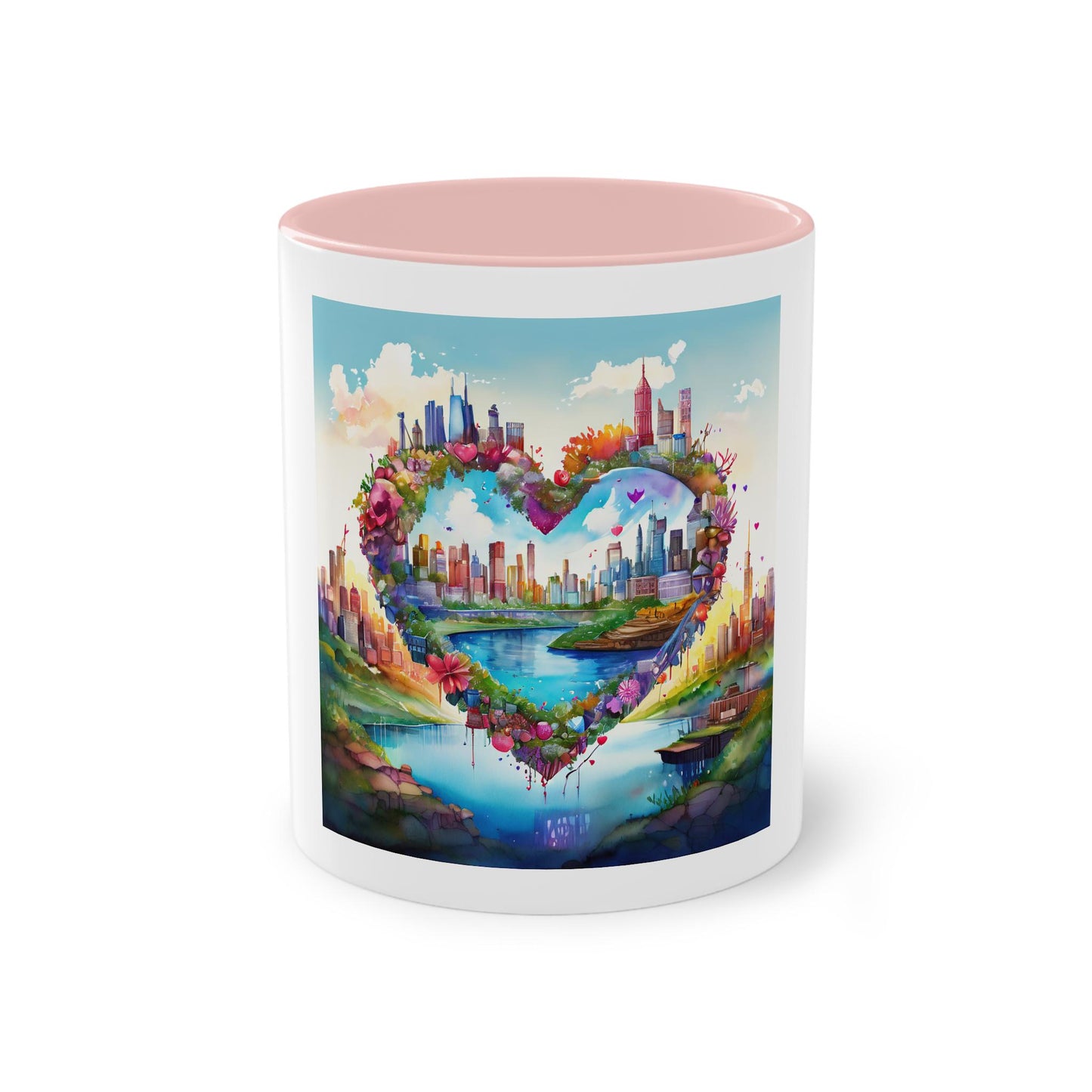 Heart-Shaped Cityscape Two-Tone Coffee Mug, 11oz | Perfect Gift for Couples, Valentine's Day, Home Decor, Art Lovers, Coffee Enthusiasts