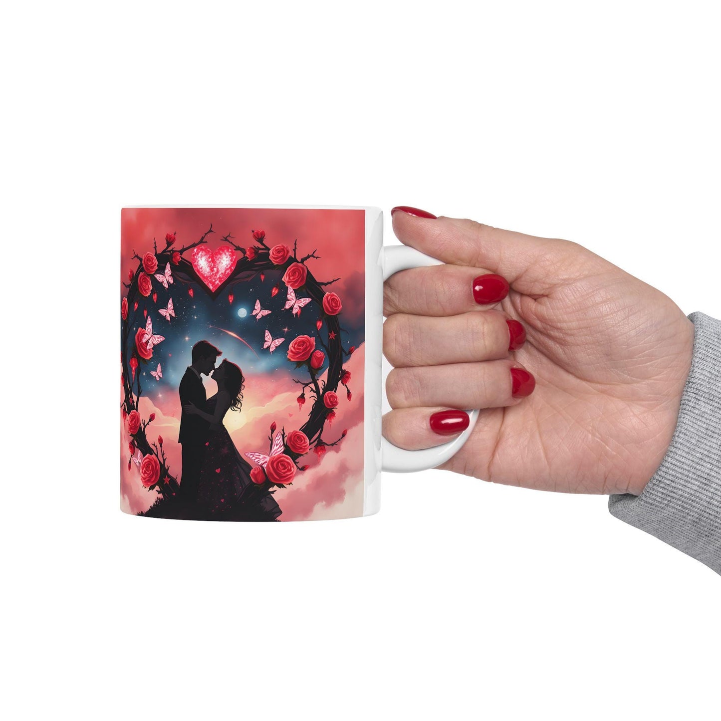 Moonlit Skull with Roses Mug | Gothic Floral Ceramic Coffee Cup