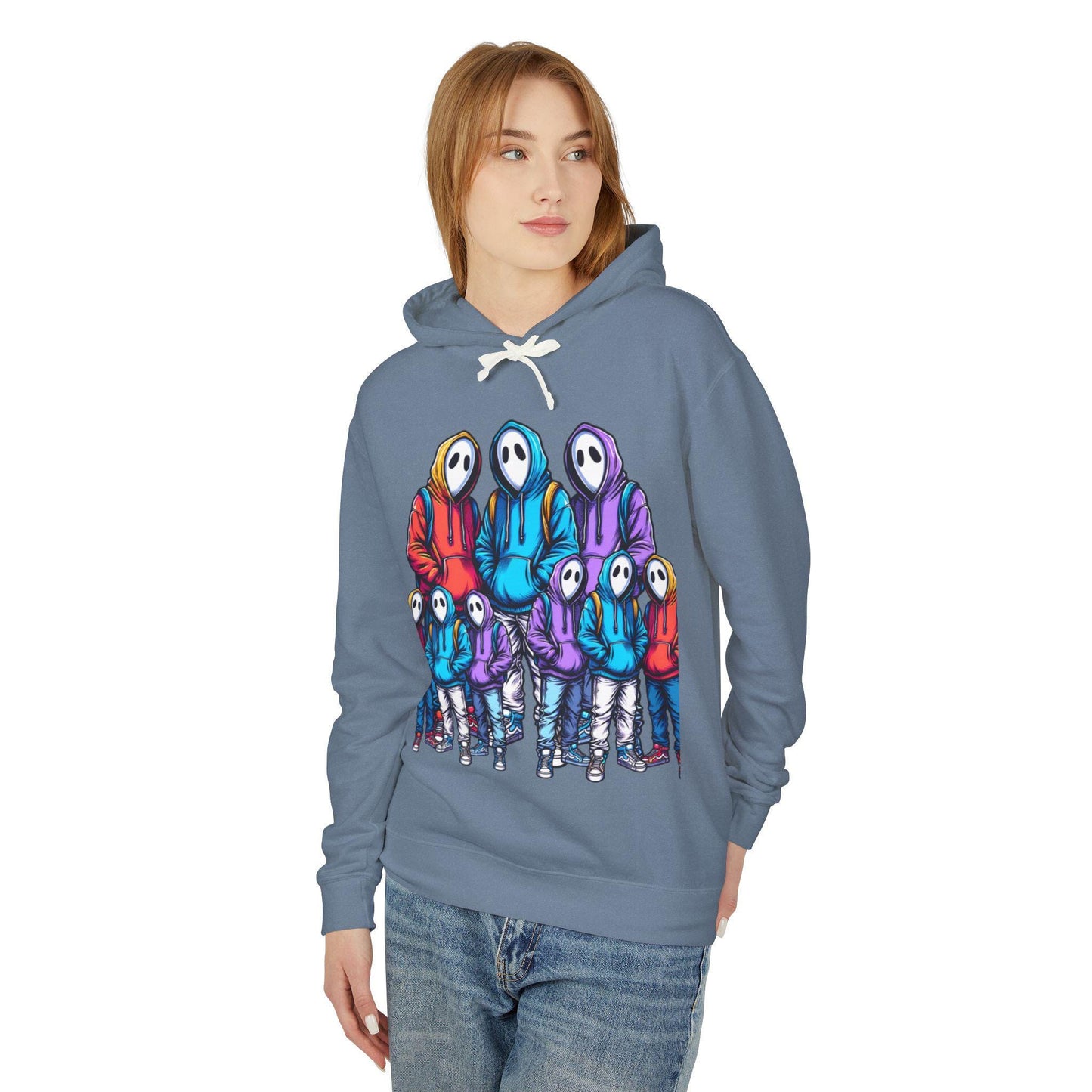 Three Figures in Bright Clothing Honey Hoodie Sweatshirt | Colorful Trio Design