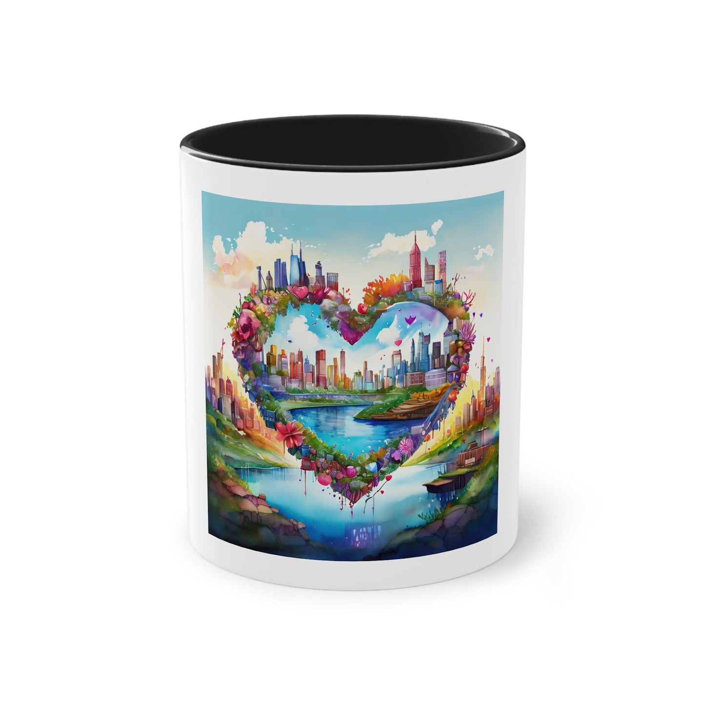 Heart-Shaped Cityscape Two-Tone Coffee Mug, 11oz | Perfect Gift for Couples, Valentine's Day, Home Decor, Art Lovers, Coffee Enthusiasts