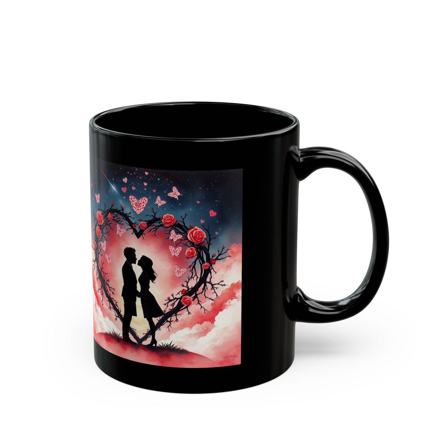 Silhouette Couple Heart Wreath Mug | Romantic Rose Night Sky