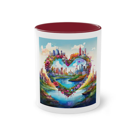Heart-Shaped Cityscape Two-Tone Coffee Mug, 11oz | Perfect Gift for Couples, Valentine's Day, Home Decor, Art Lovers, Coffee Enthusiasts