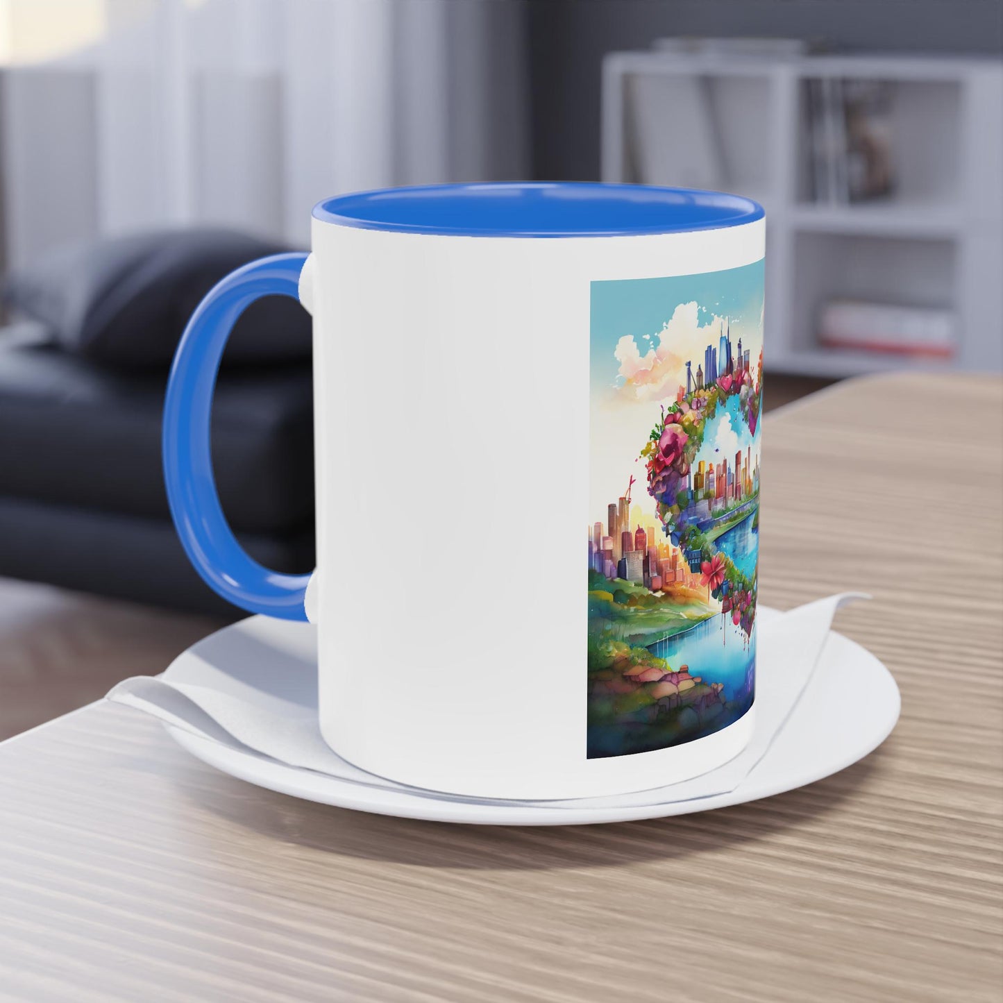 Heart-Shaped Cityscape Two-Tone Coffee Mug, 11oz | Perfect Gift for Couples, Valentine's Day, Home Decor, Art Lovers, Coffee Enthusiasts
