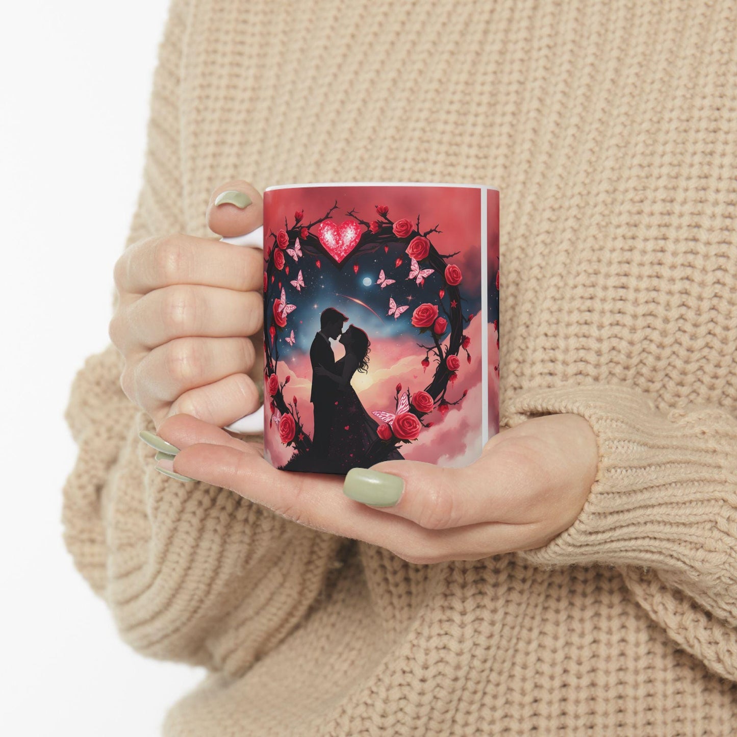Moonlit Skull with Roses Mug | Gothic Floral Ceramic Coffee Cup