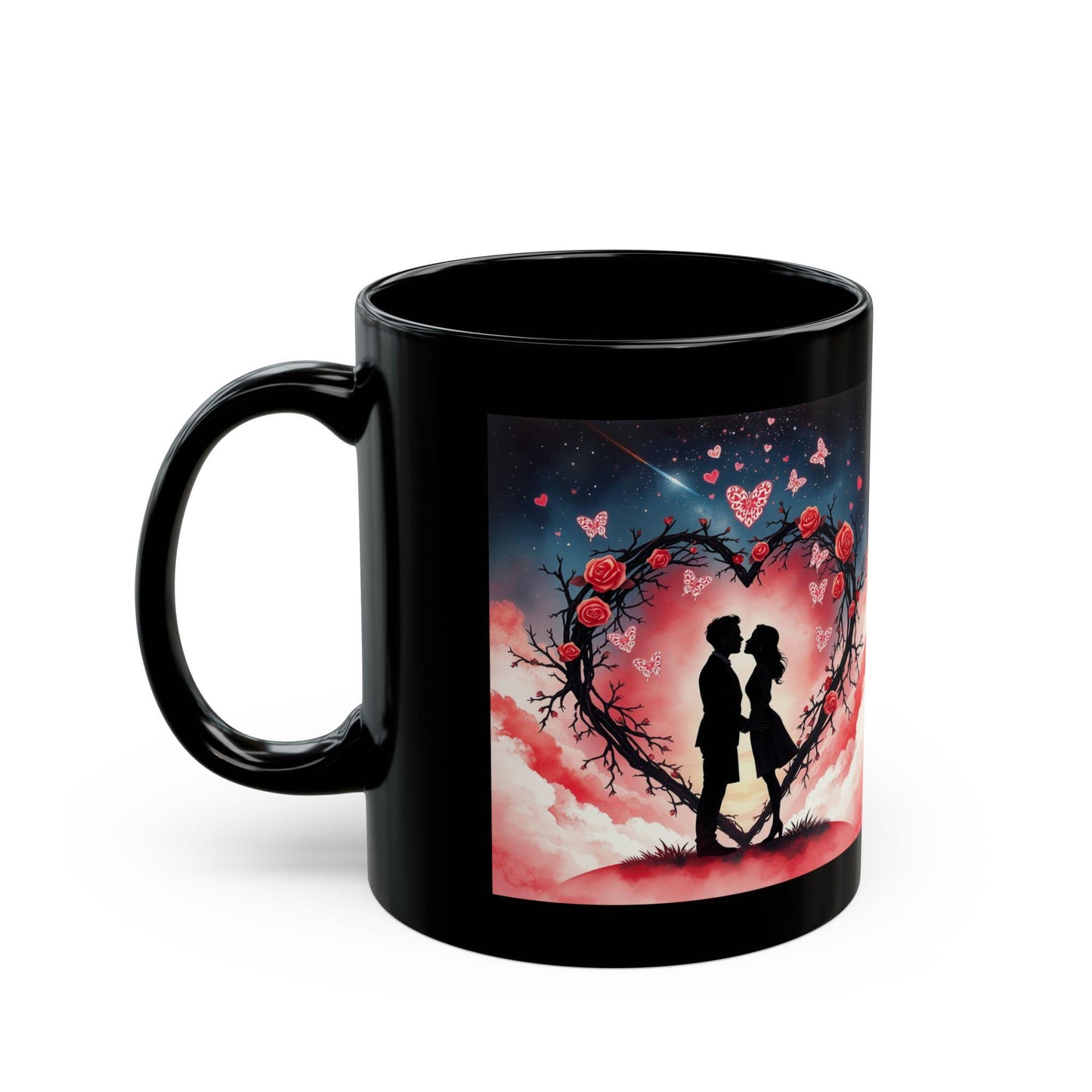 Silhouette Couple Heart Wreath Mug | Romantic Rose Night Sky