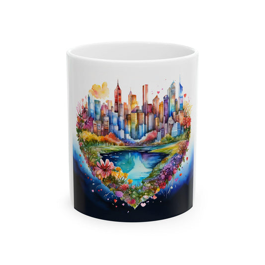 Heart-Shaped Cityscape Ceramic Mug | Colorful Urban Art Coffee Cup | Cozy Home Decor Gift | Perfect for Nature Lovers, City Dwellers,