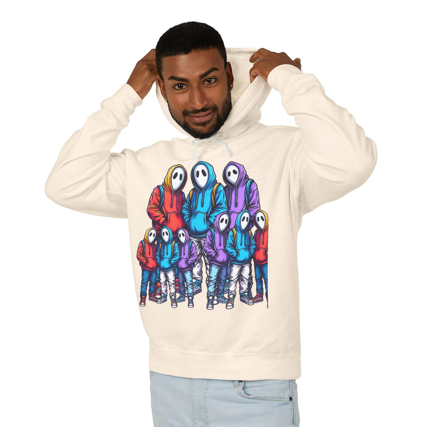 Three Figures in Bright Clothing Honey Hoodie Sweatshirt | Colorful Trio Design